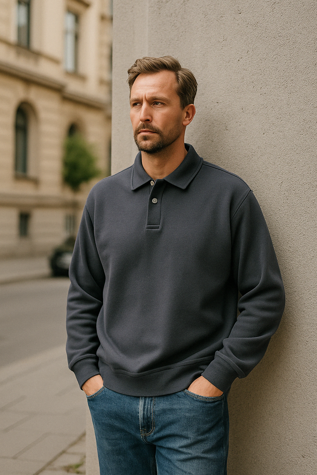 Männermodell mit anthrazitgrauem Baumwollpullover – entspannter, moderner Streetstyle