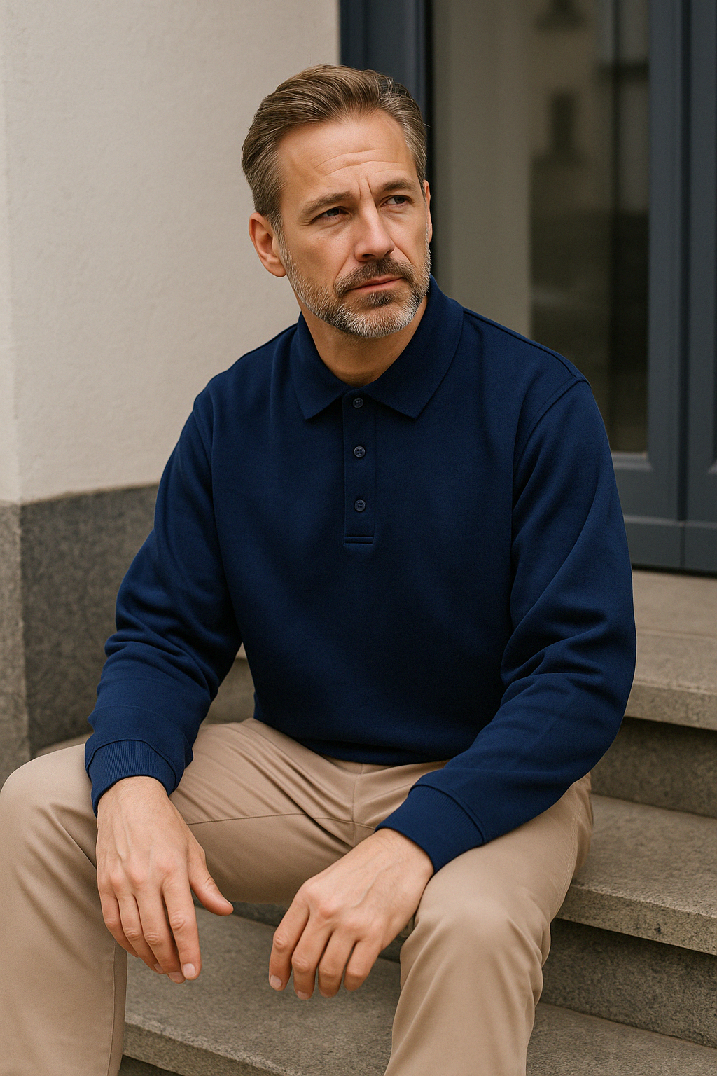 Männermodell mit navyblauem Herrenpullover aus Baumwolle – ruhiger Look mit weicher Lichtstimmung